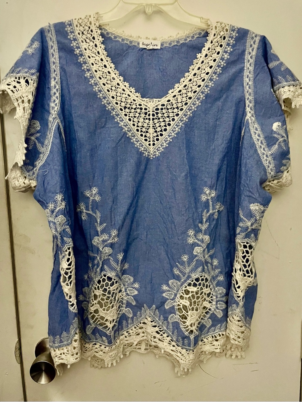 bagatelle Light Blue Embroidered Crochet-Trim Tunic